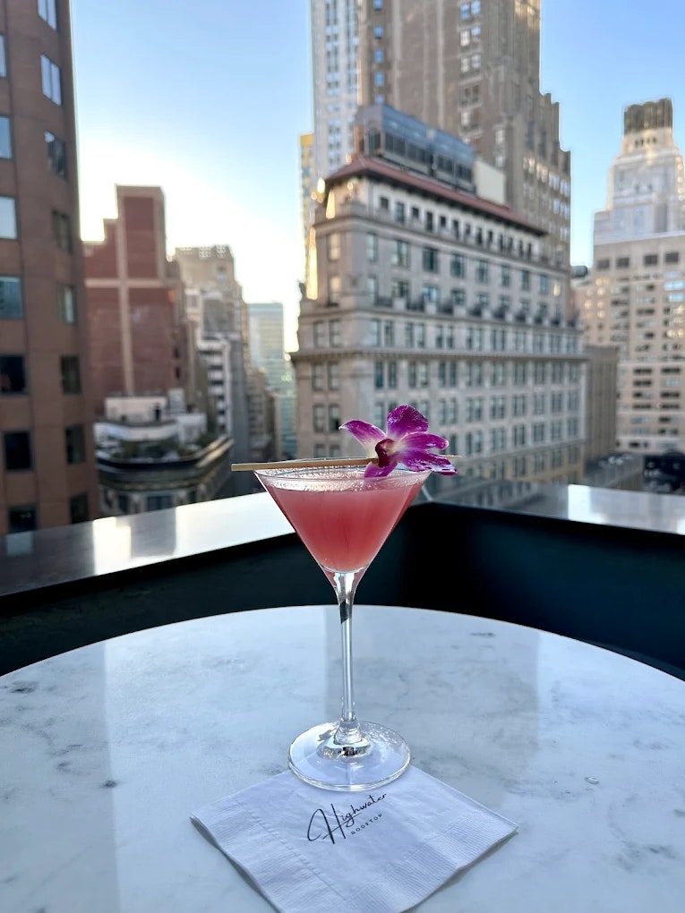 rooftop in financial district manhattan with a martini